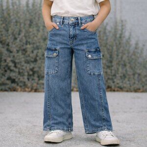 ZARA Girls Cargo Pocket Jeans Size 8 Blue Denim Utility Pants